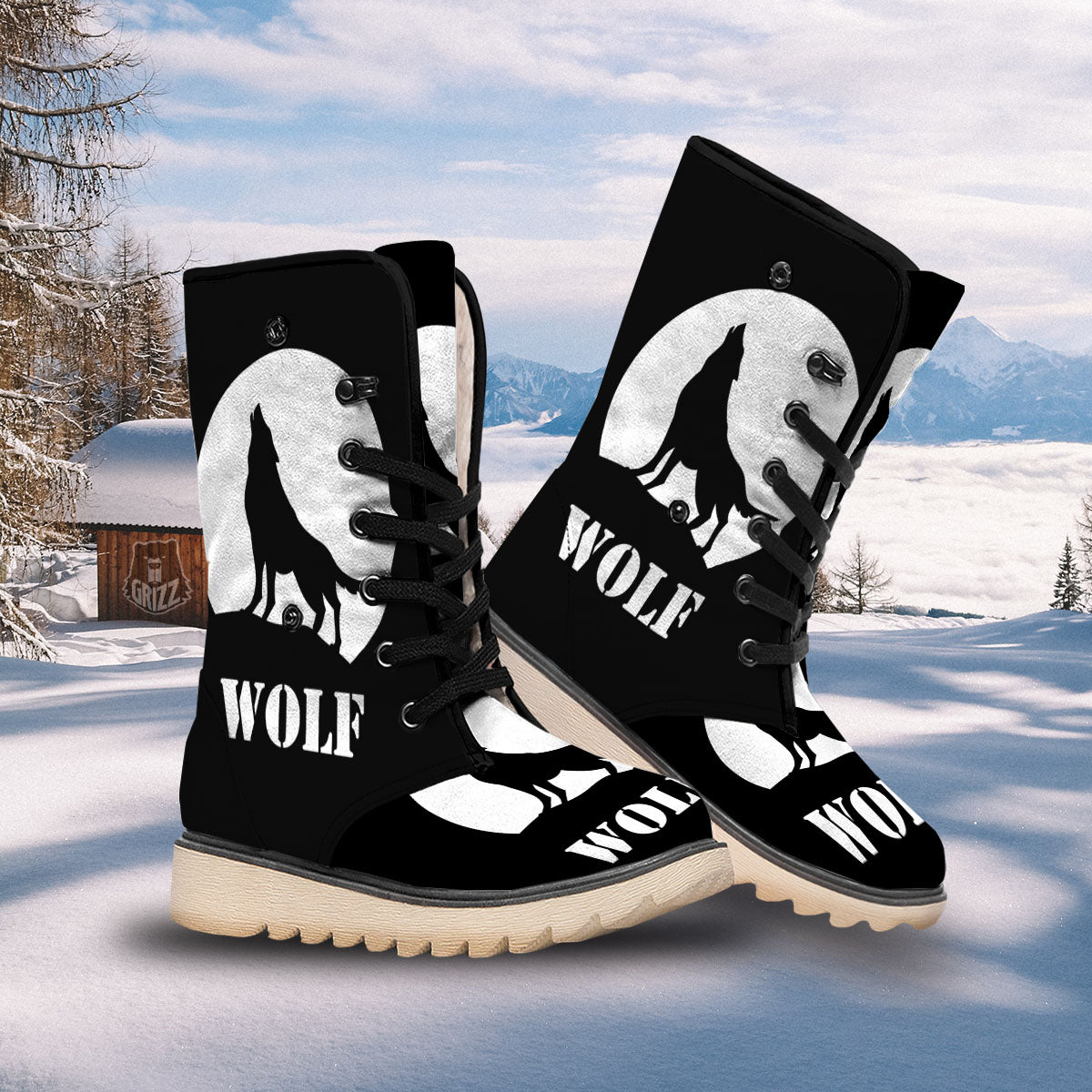 Wolf Howling Monochrome Print Snow Boots-grizzshop