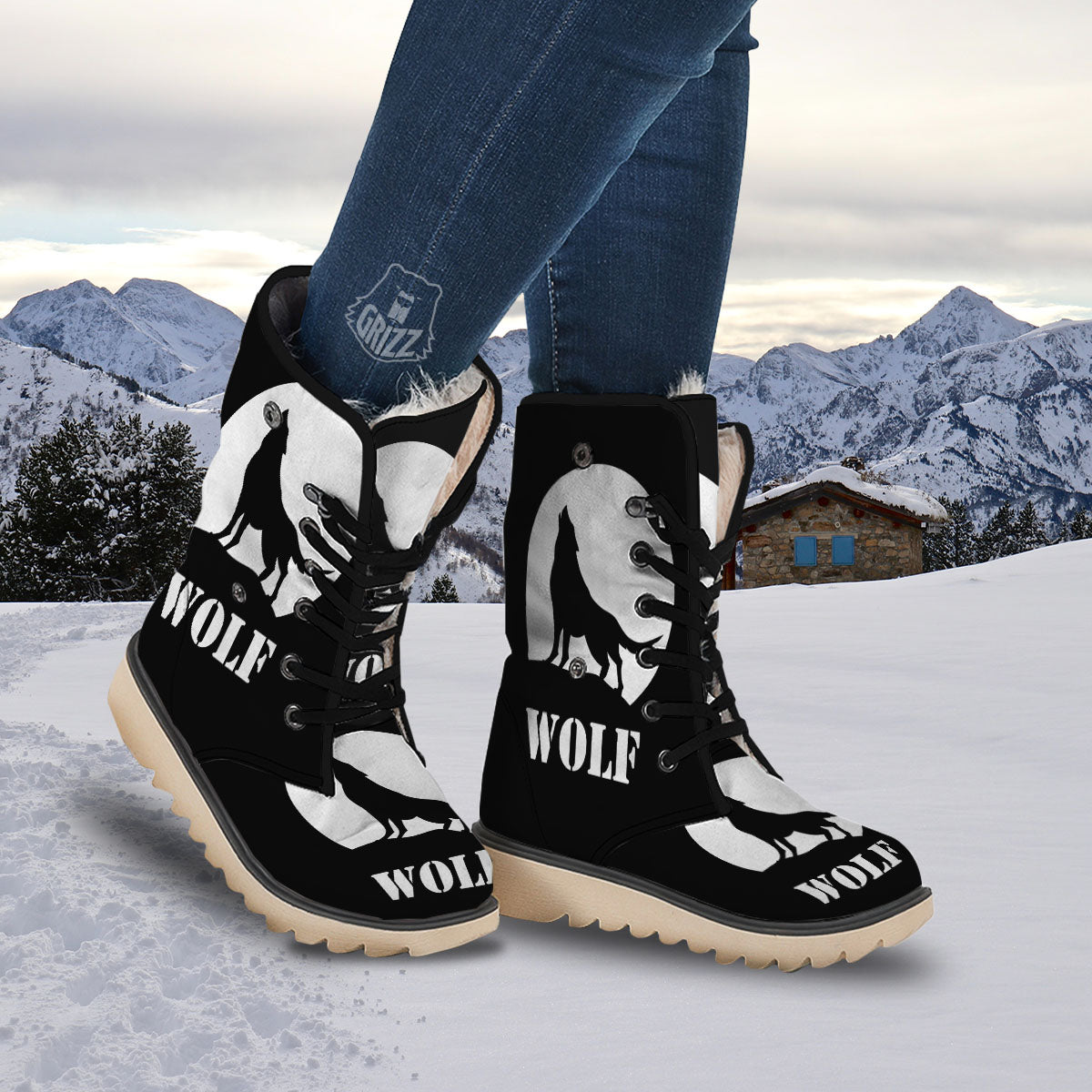 Wolf Howling Monochrome Print Snow Boots-grizzshop