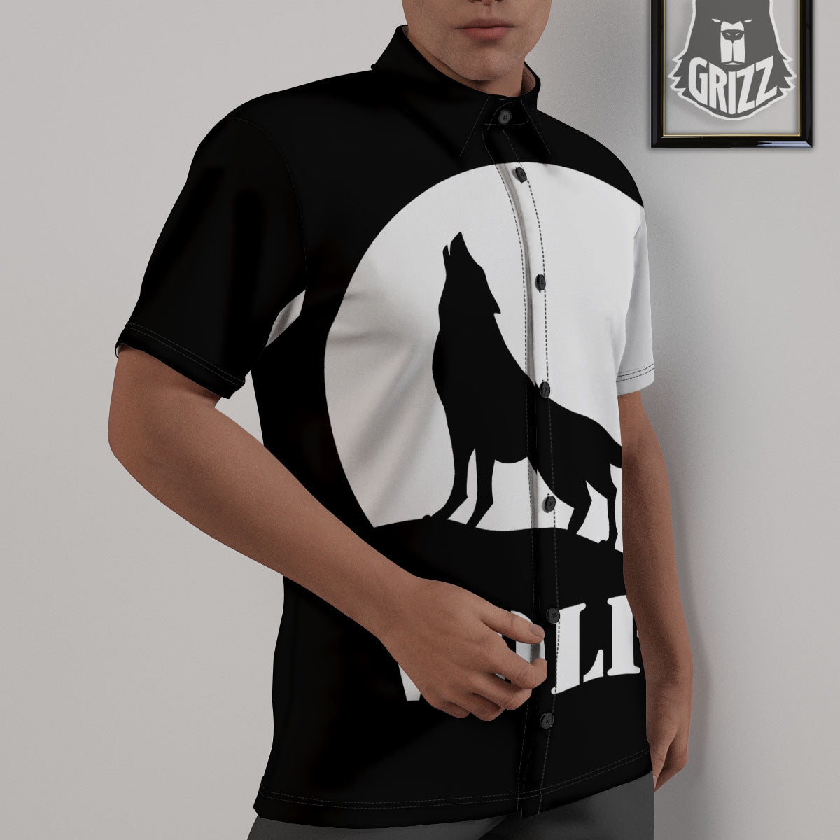 Wolf Howling Monochrome Print Untucked Shirts-grizzshop