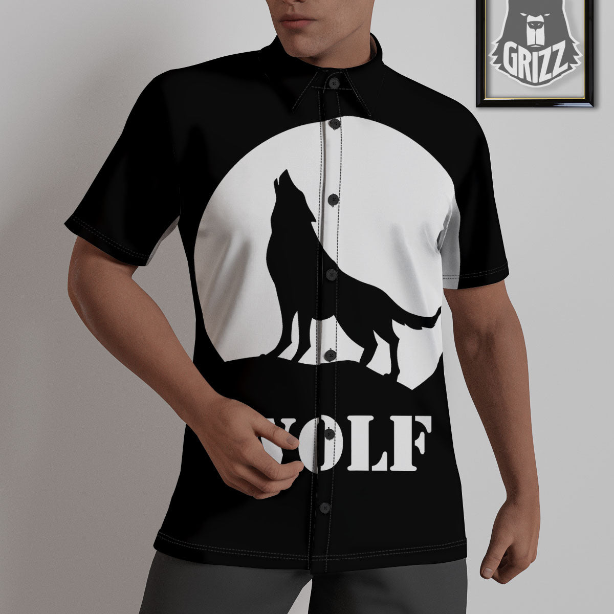 Wolf Howling Monochrome Print Untucked Shirts-grizzshop