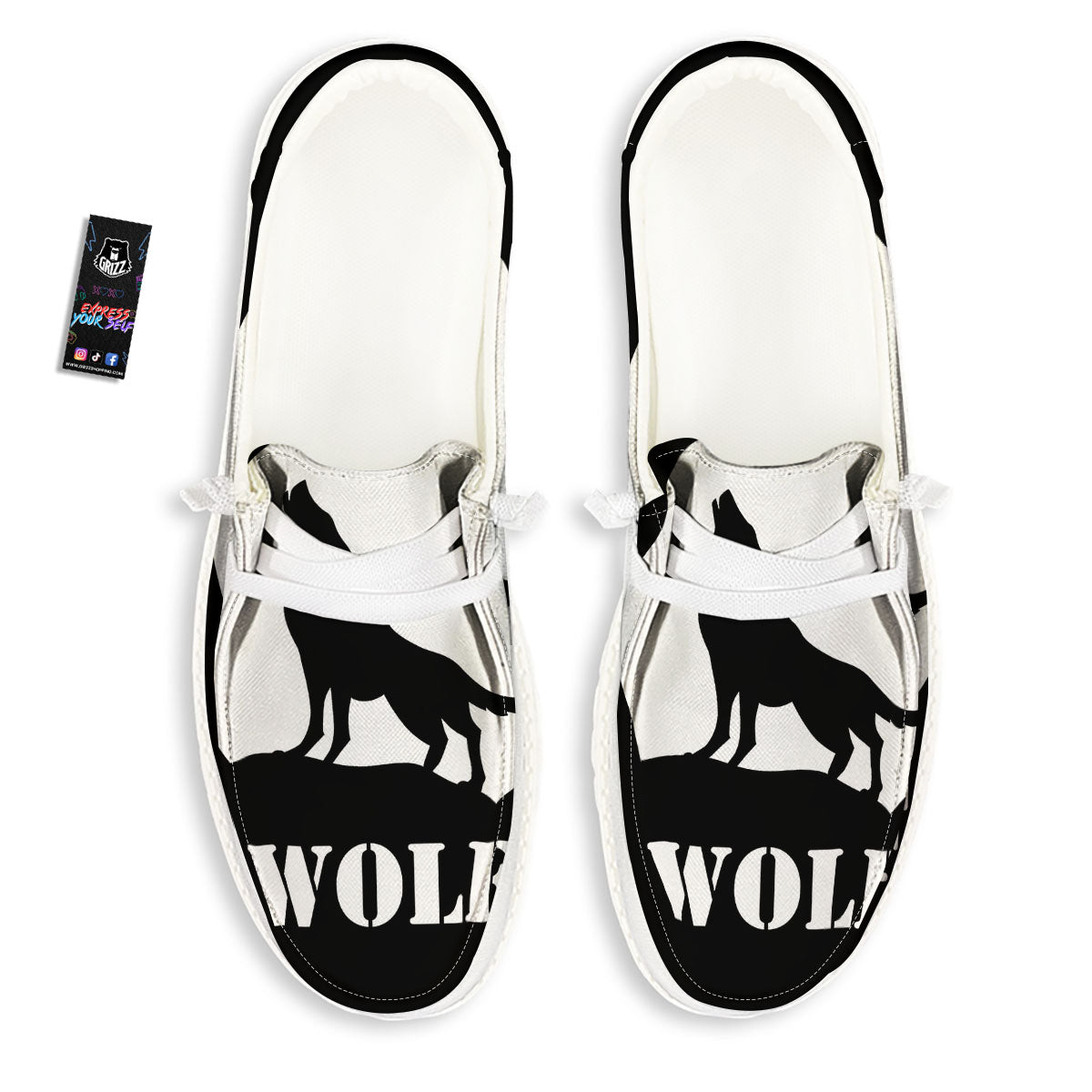 Wolf Howling Monochrome Print White Loafers-grizzshop