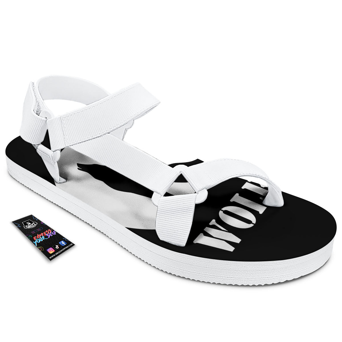 Wolf Howling Monochrome Print White Open Toe Sandals-grizzshop