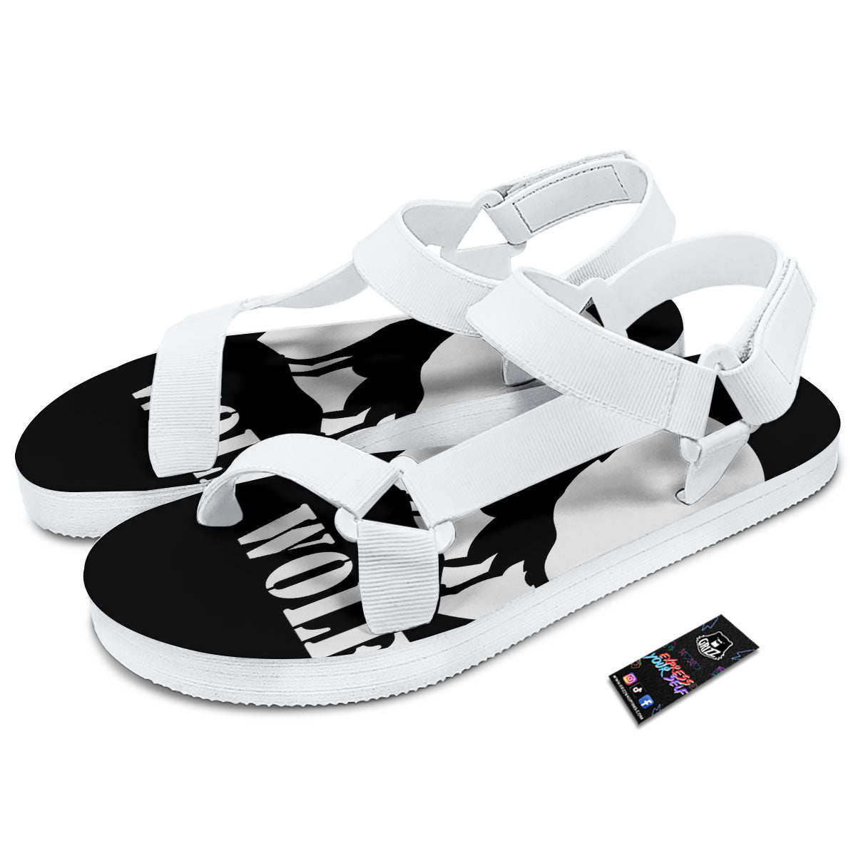 Wolf Howling Monochrome Print White Open Toe Sandals-grizzshop