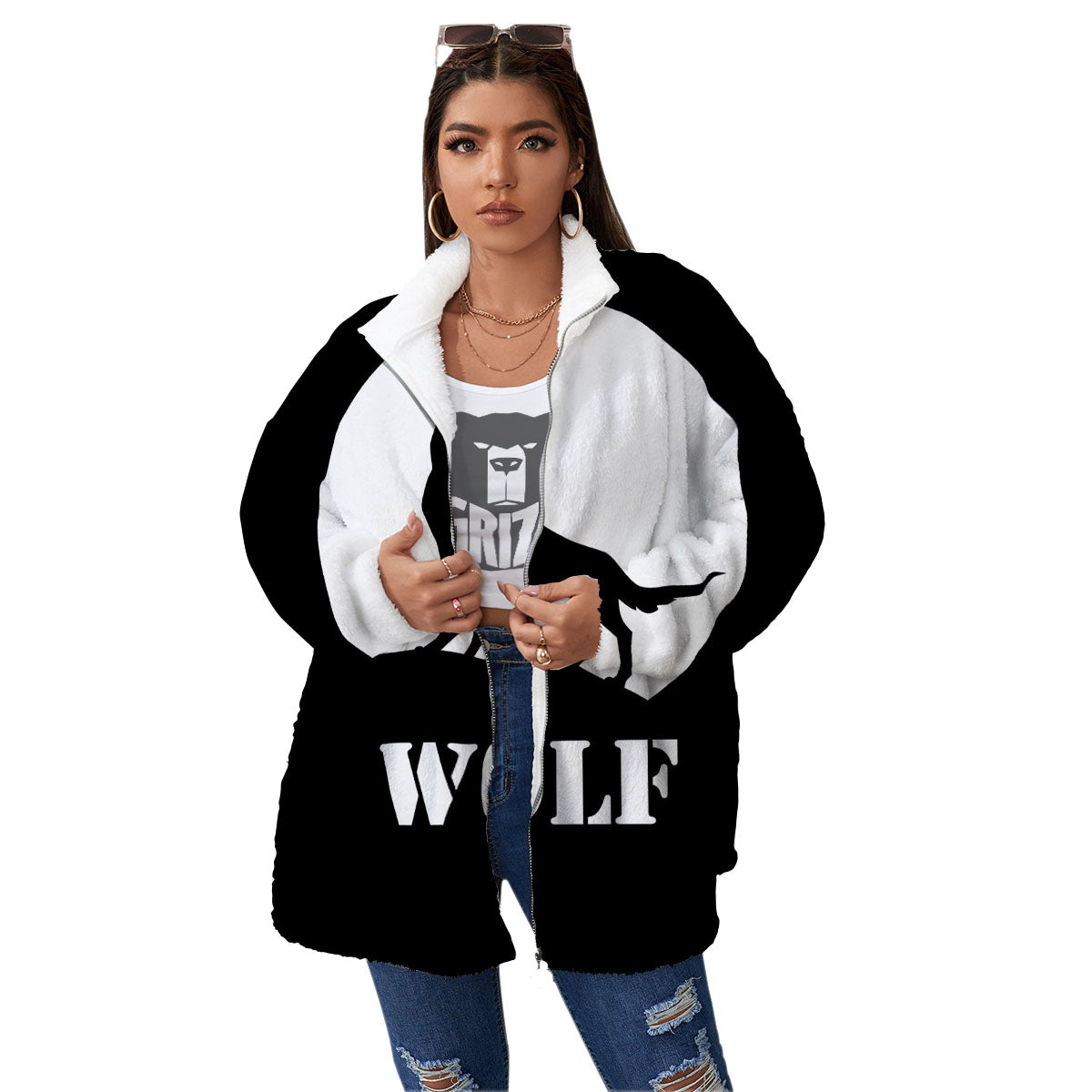Wolf Howling Monochrome Print Women's Sherpa Jacket-grizzshop