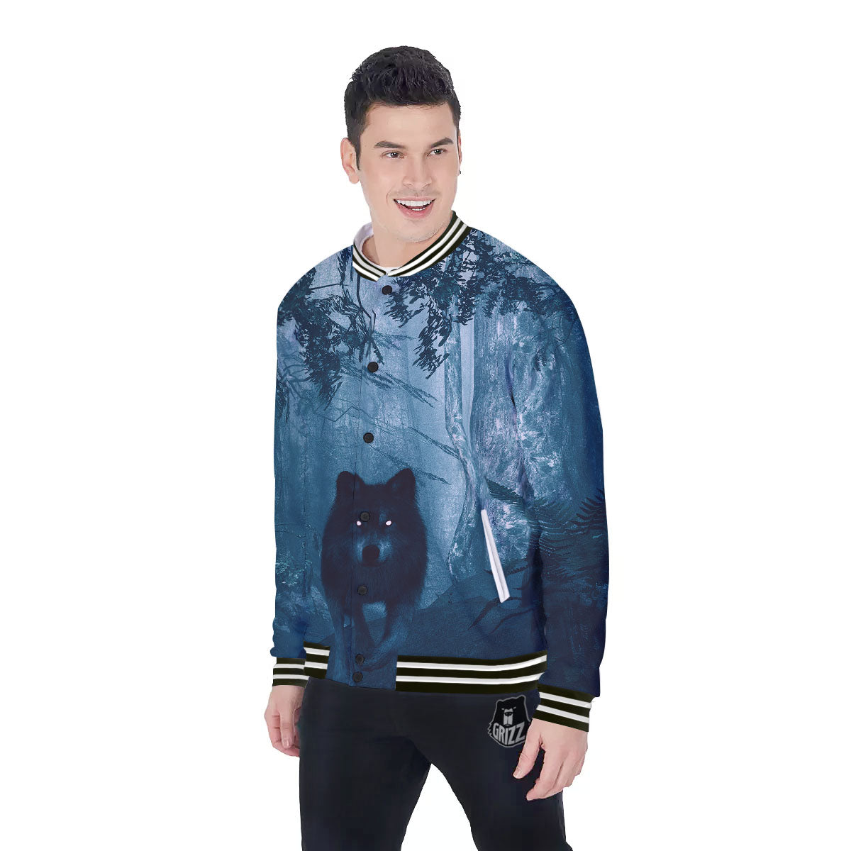 Wolf Jungle Print Baseball Jacket-grizzshop