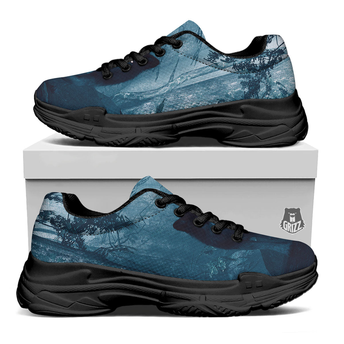Wolf Jungle Print Black Chunky Shoes-grizzshop