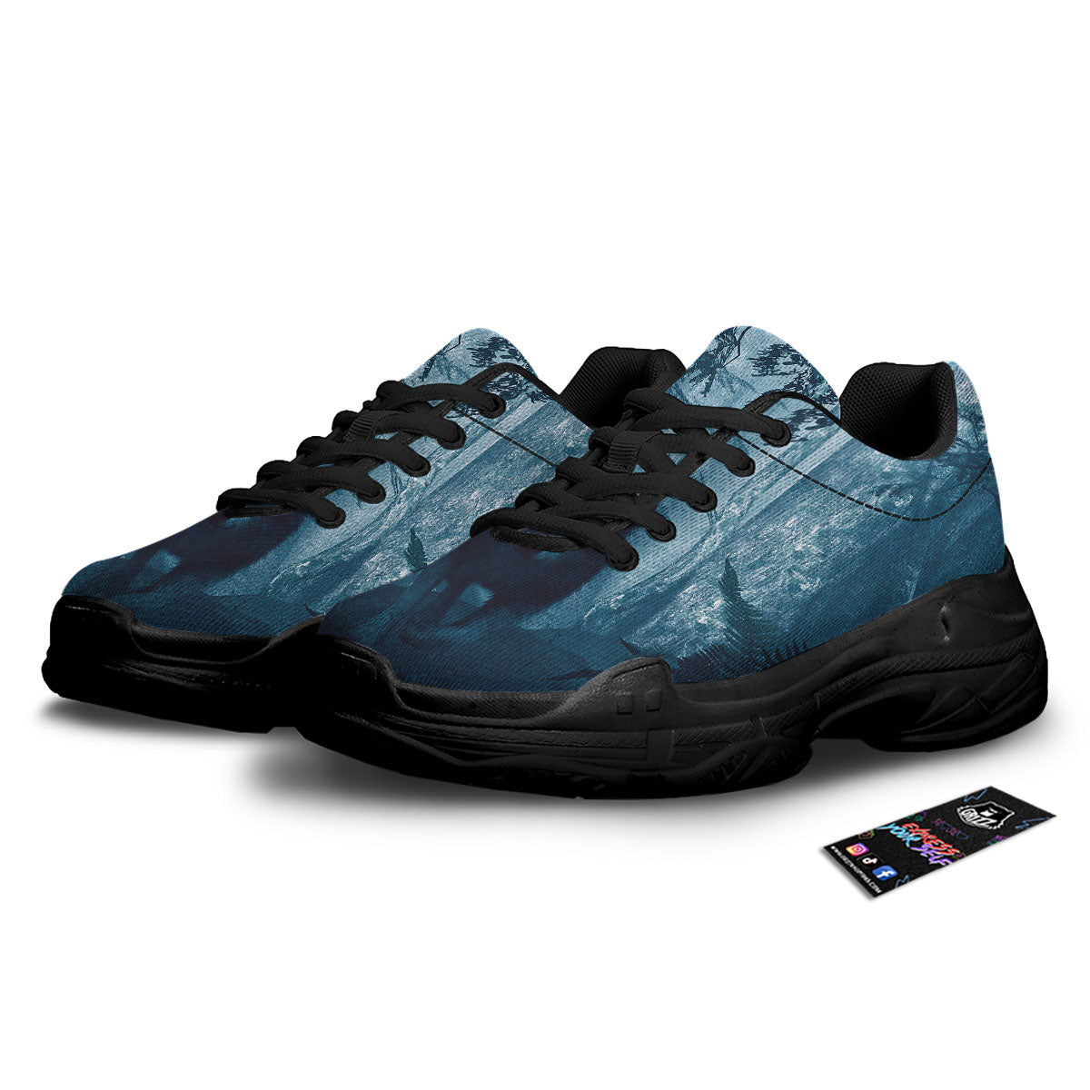 Wolf Jungle Print Black Chunky Shoes-grizzshop
