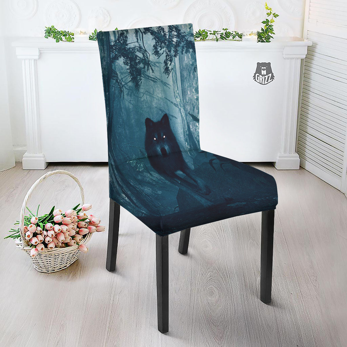 Wolf Jungle Print Dining Chair Slipcover-grizzshop
