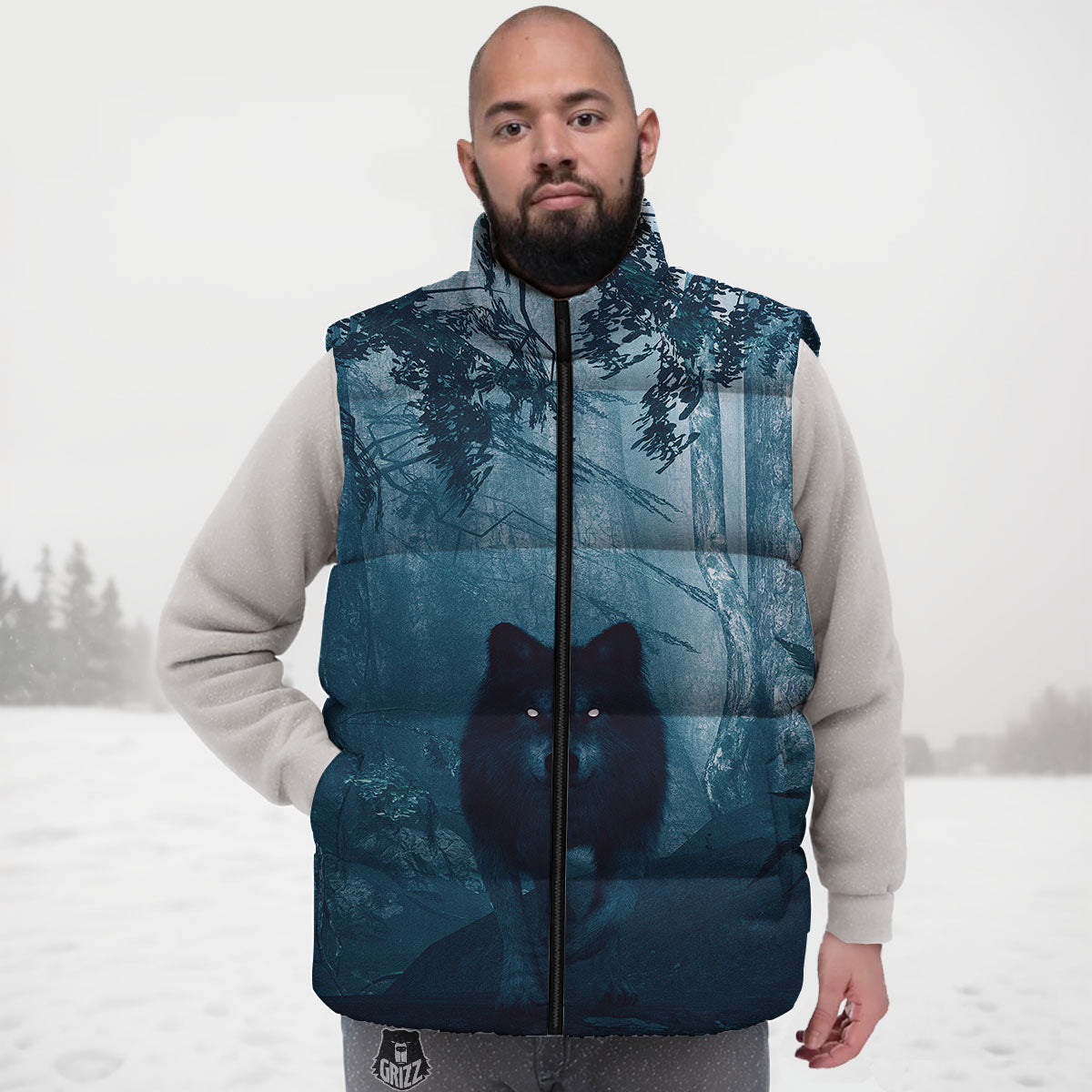Wolf Jungle Print Down Vest-grizzshop