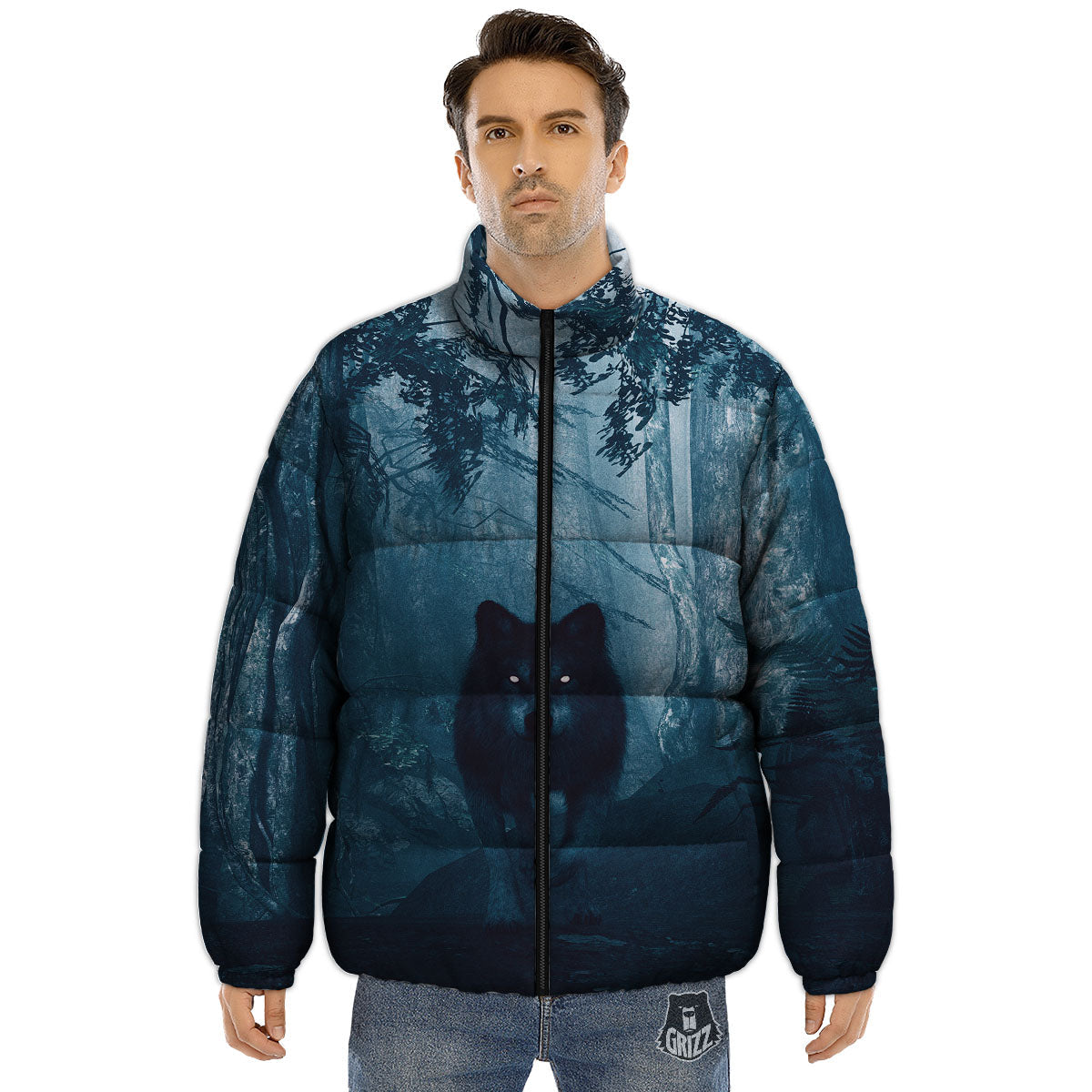 Wolf Jungle Print Puffer Jacket-grizzshop