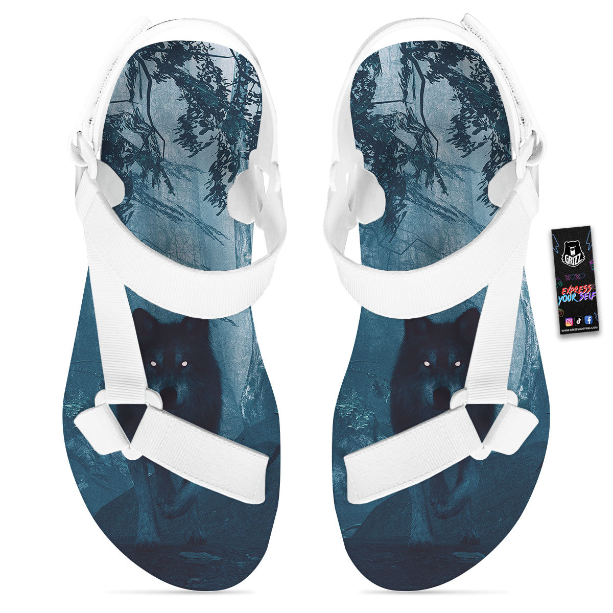 Wolf Jungle Print White Open Toe Sandals-grizzshop