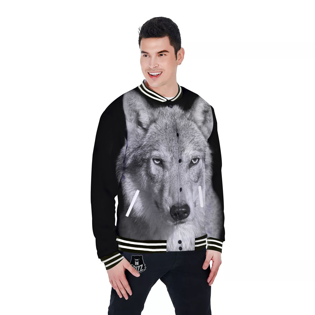 Wolf Monochrome Print Baseball Jacket-grizzshop
