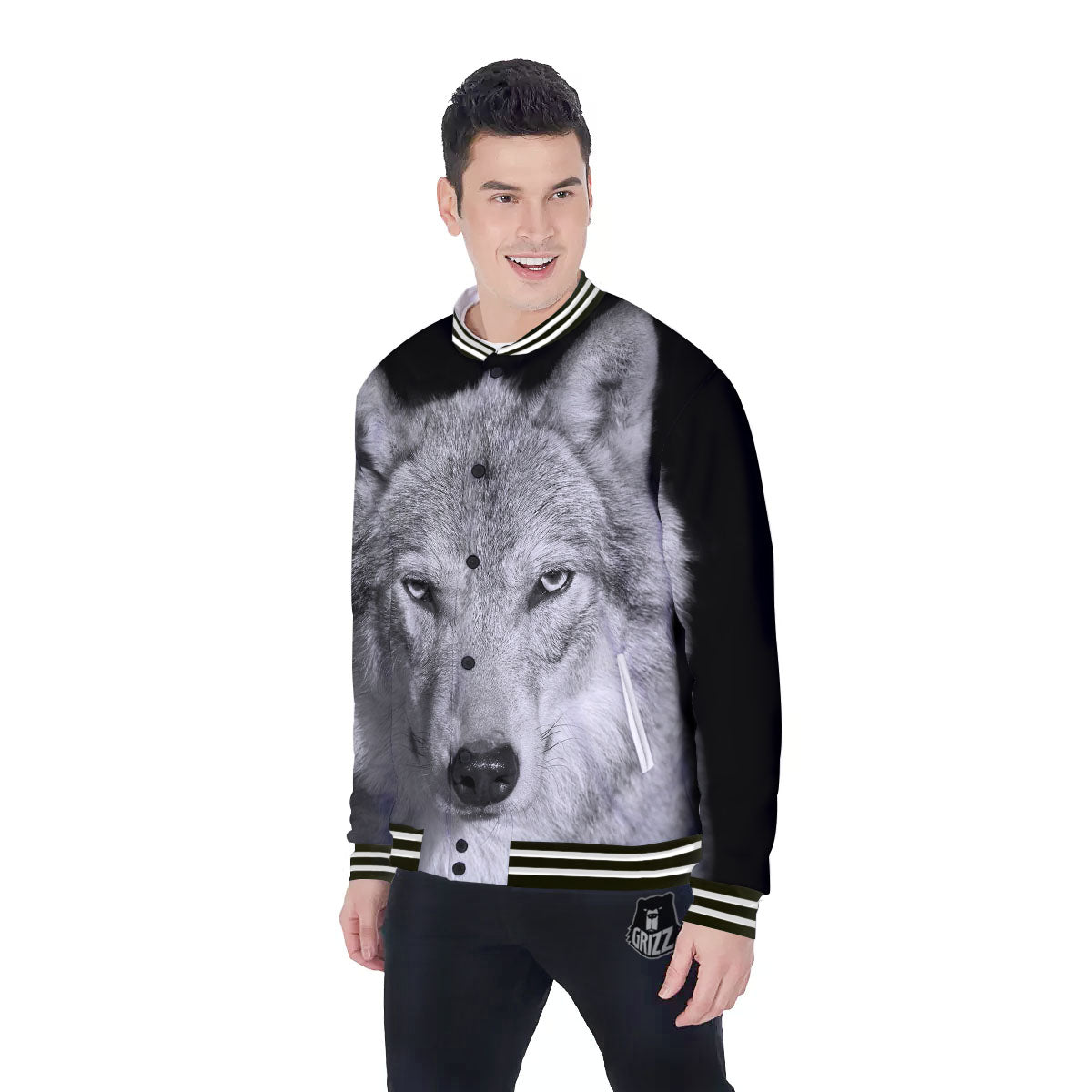 Wolf Monochrome Print Baseball Jacket-grizzshop
