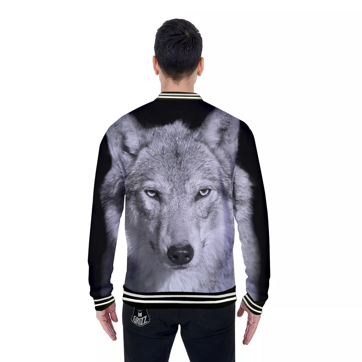 Wolf Monochrome Print Baseball Jacket-grizzshop