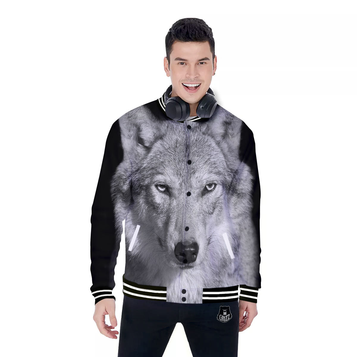 Wolf Monochrome Print Baseball Jacket-grizzshop