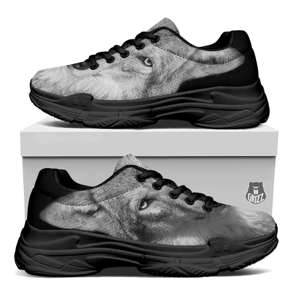 Wolf Monochrome Print Black Chunky Shoes-grizzshop