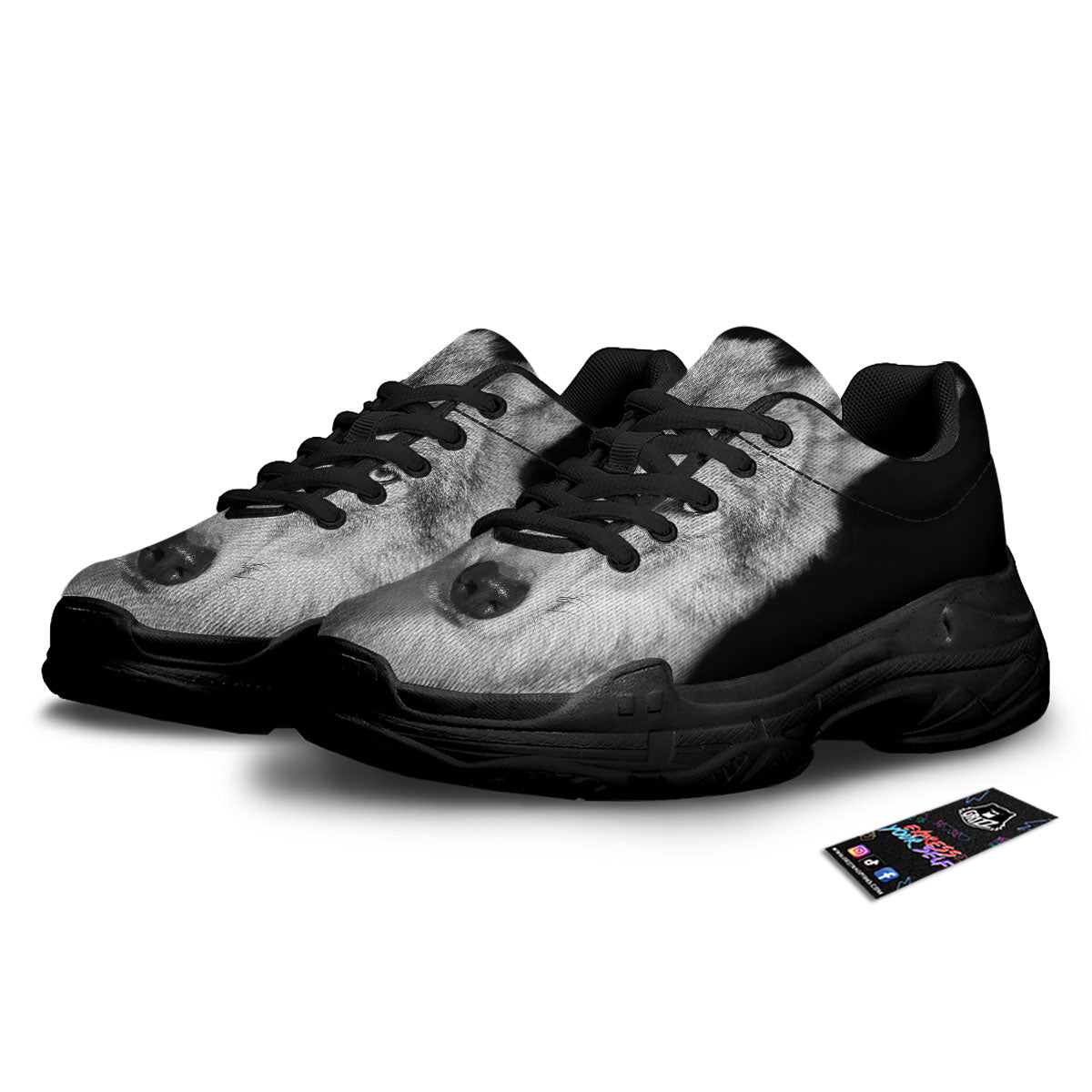 Wolf Monochrome Print Black Chunky Shoes-grizzshop