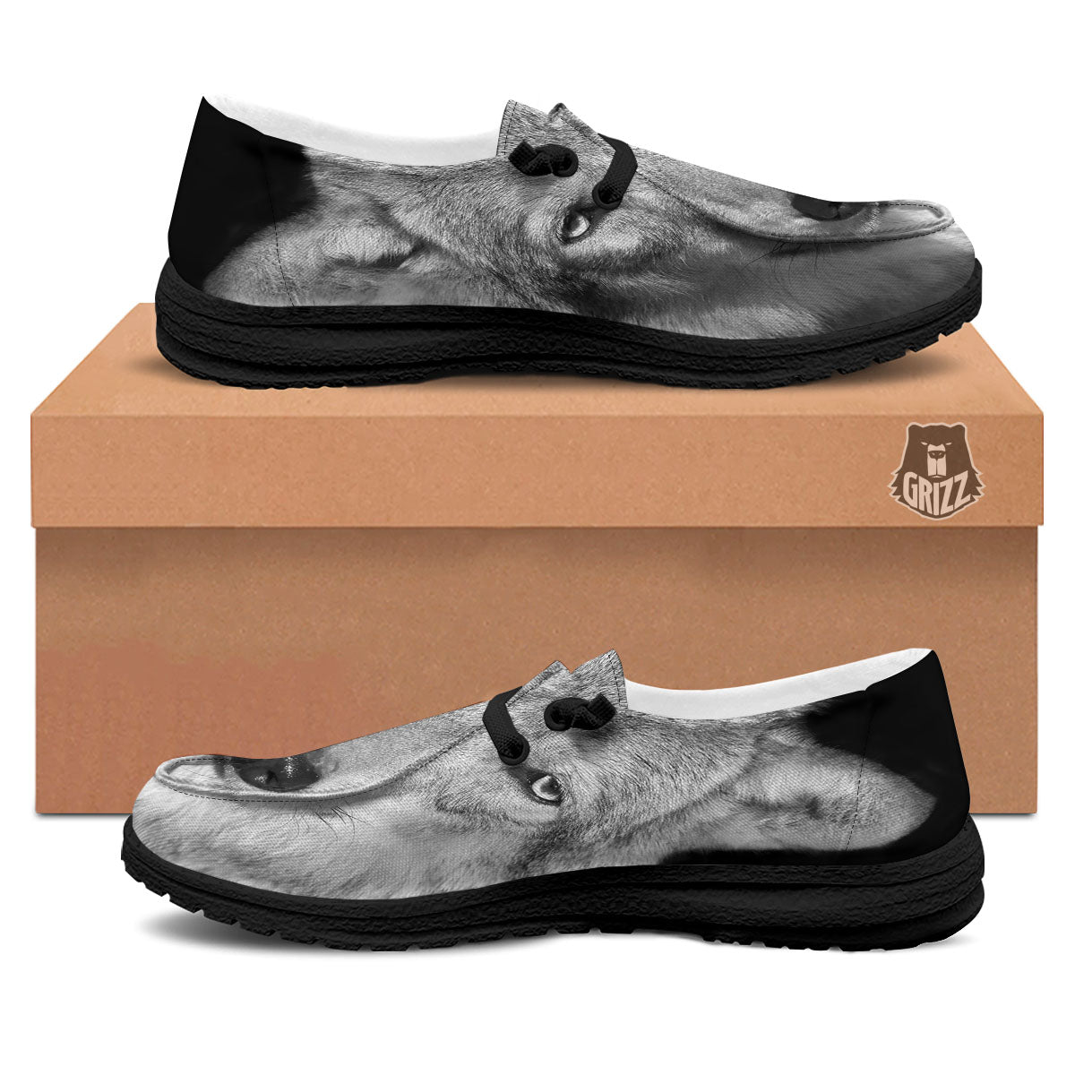 Wolf Monochrome Print Black Loafers-grizzshop