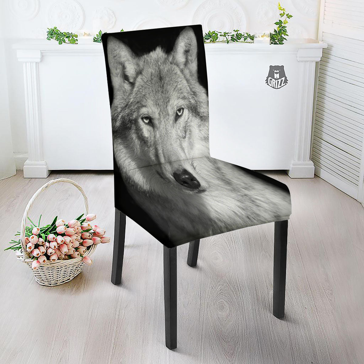Wolf Monochrome Print Dining Chair Slipcover-grizzshop