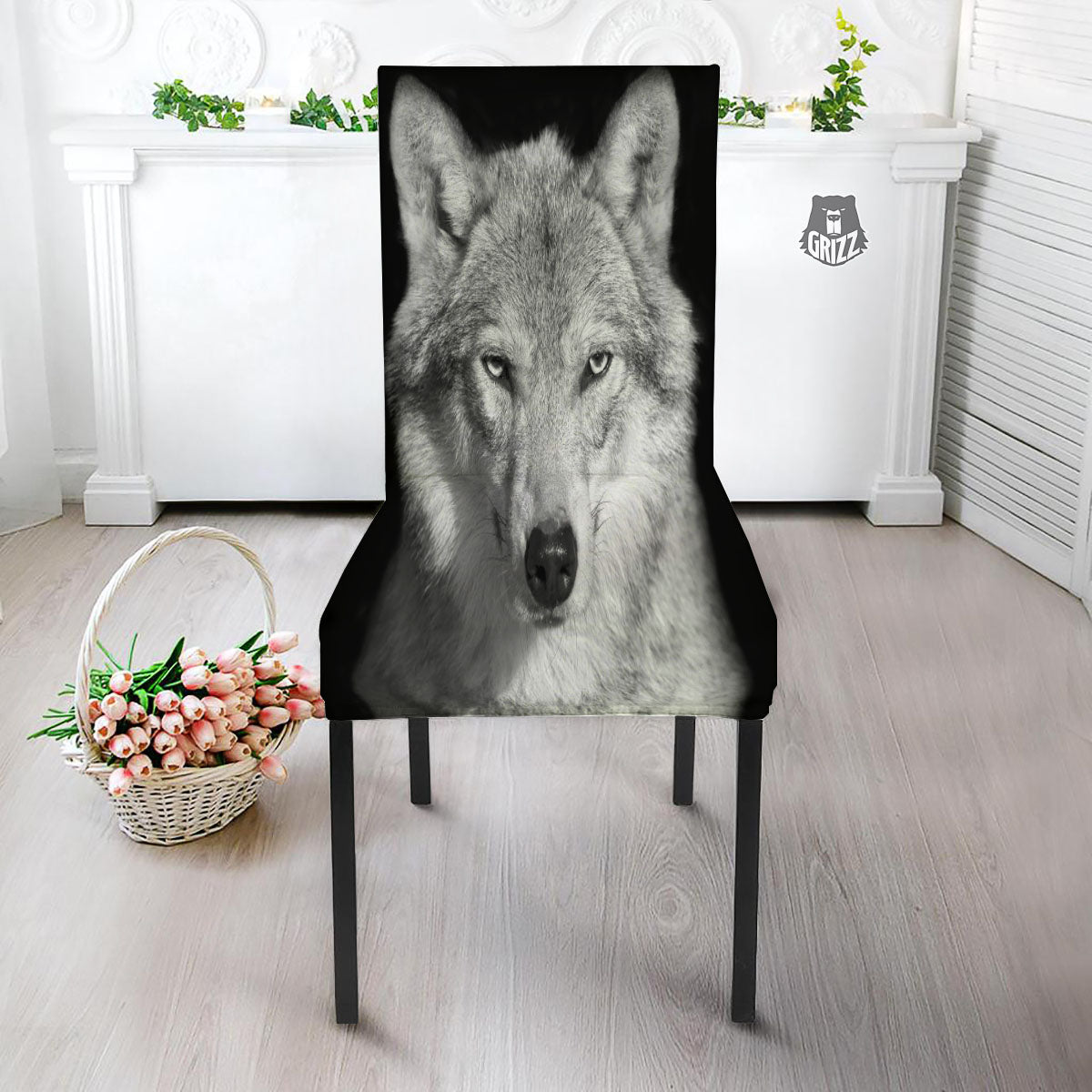 Wolf Monochrome Print Dining Chair Slipcover-grizzshop