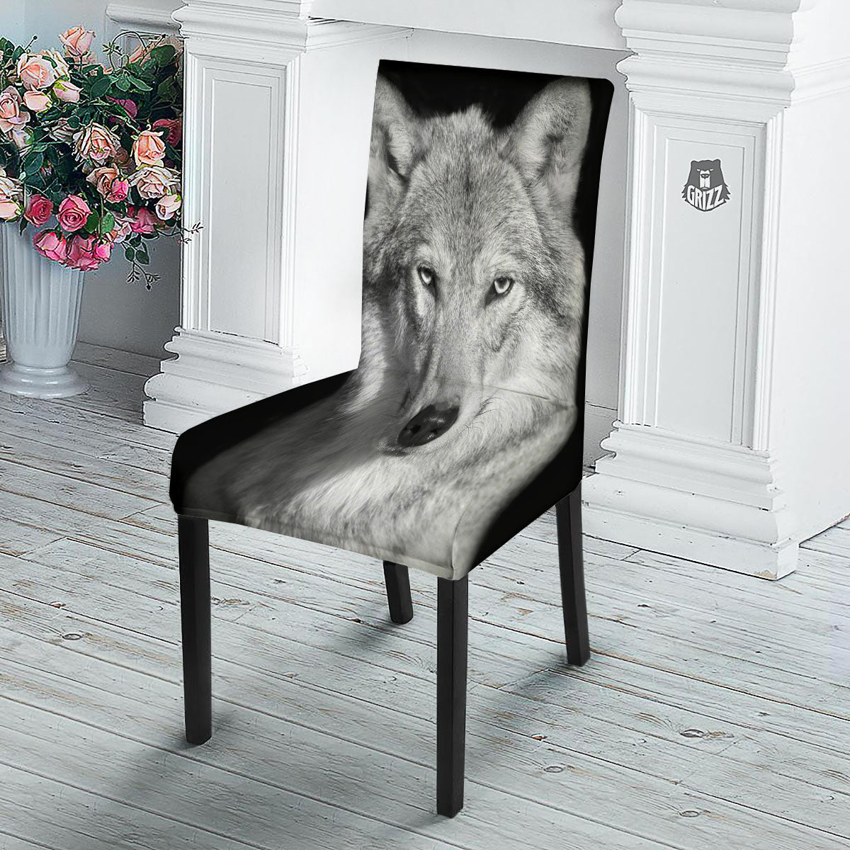 Wolf Monochrome Print Dining Chair Slipcover-grizzshop