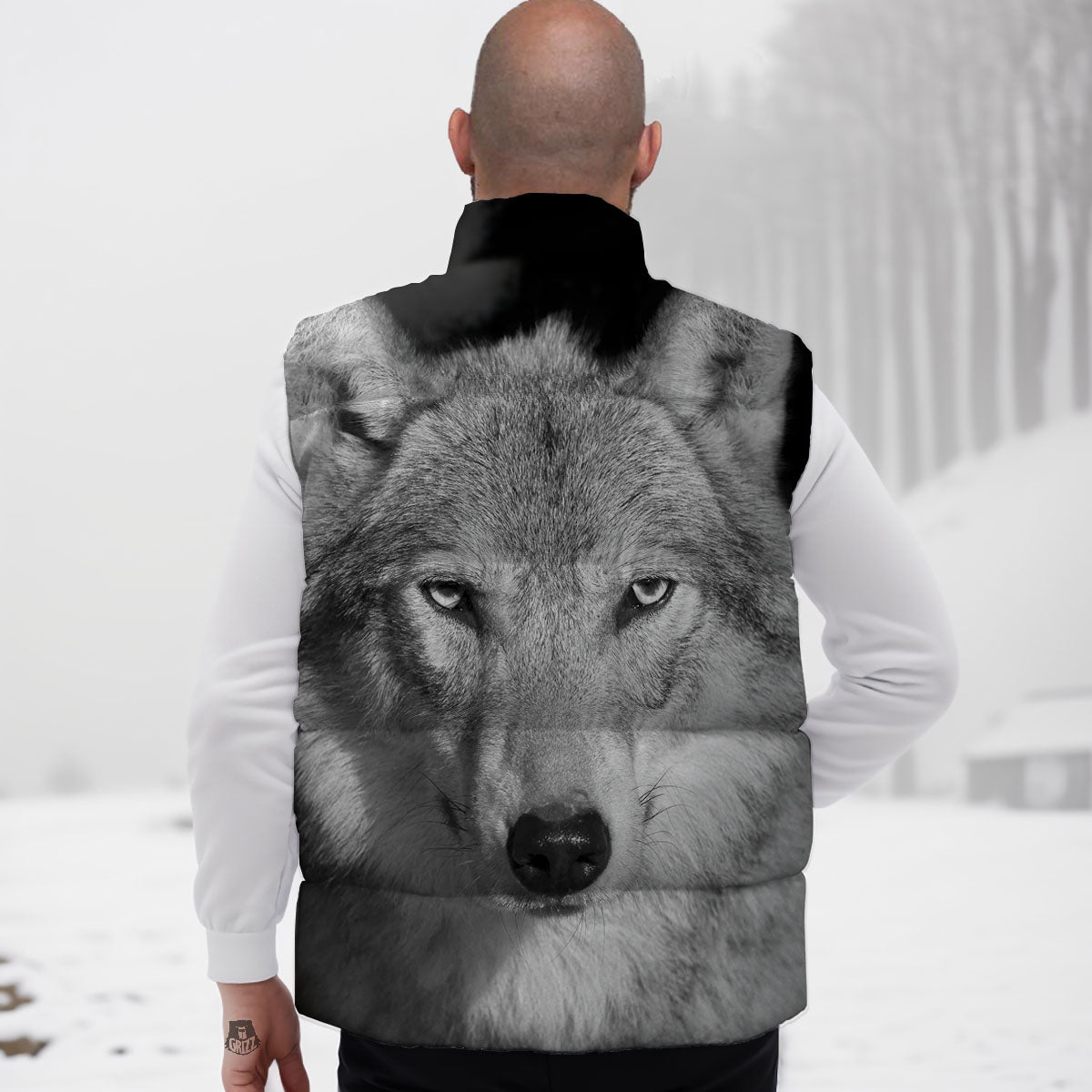 Wolf Monochrome Print Down Vest-grizzshop