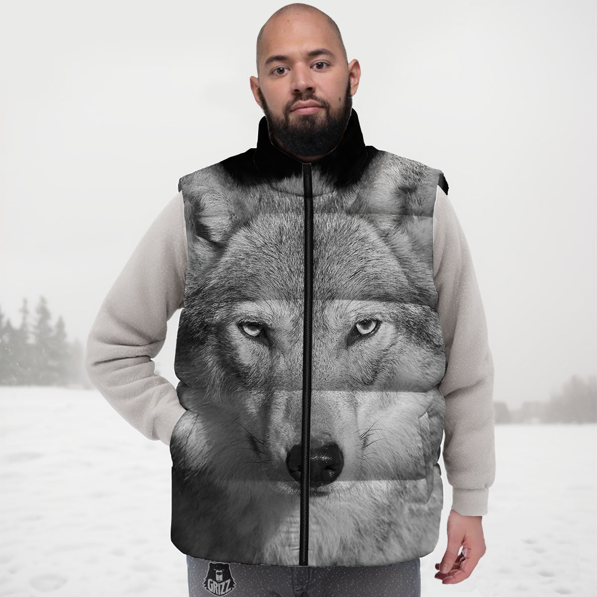 Wolf Monochrome Print Down Vest-grizzshop