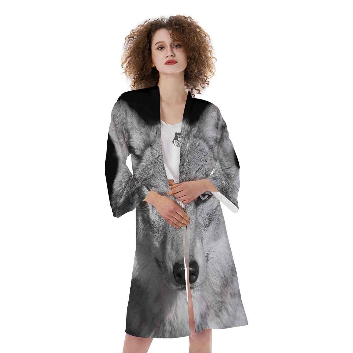 Wolf Monochrome Print Kimono-grizzshop