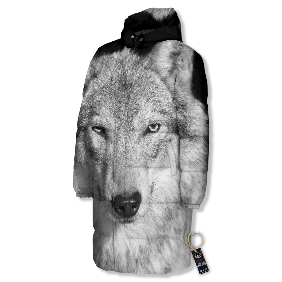 Wolf Monochrome Print Long Down Jacket-grizzshop