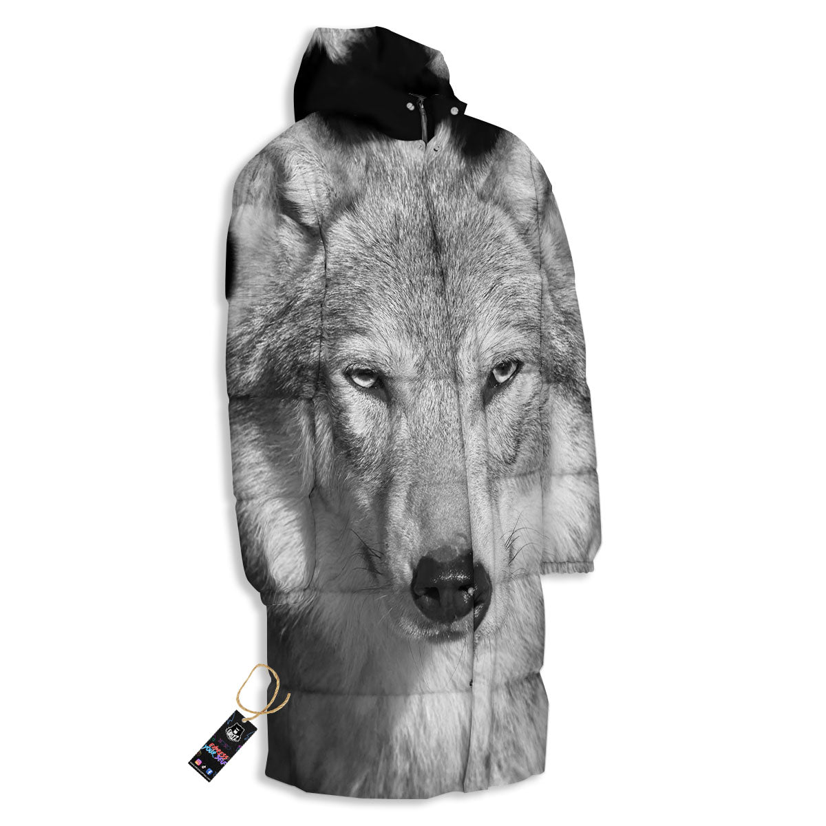 Wolf Monochrome Print Long Down Jacket-grizzshop