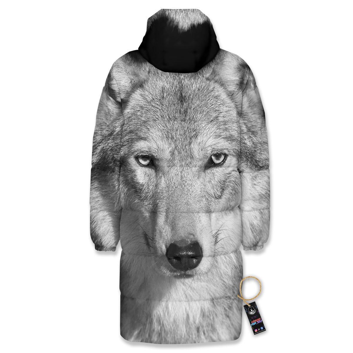 Wolf Monochrome Print Long Down Jacket-grizzshop