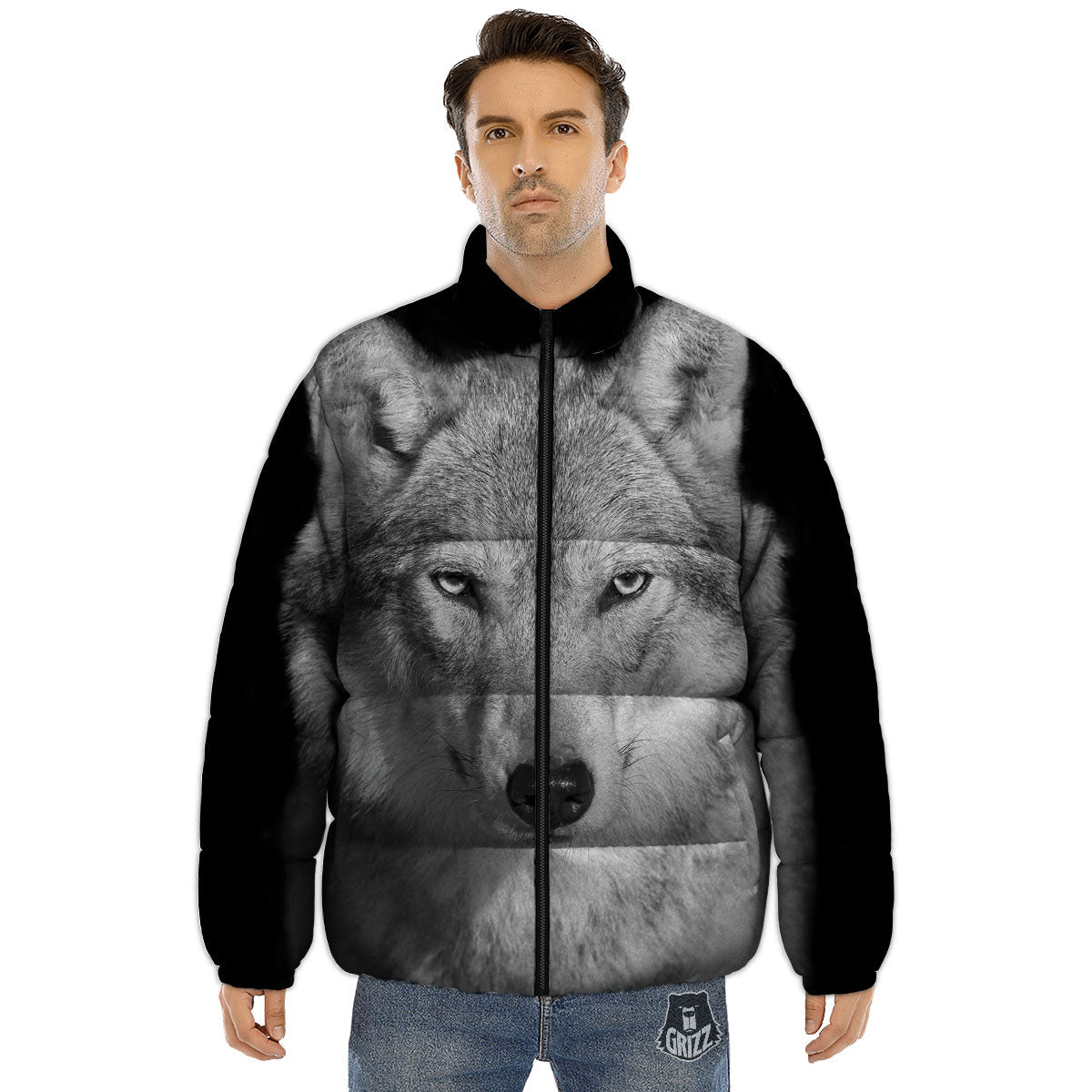 Wolf Monochrome Print Puffer Jacket-grizzshop