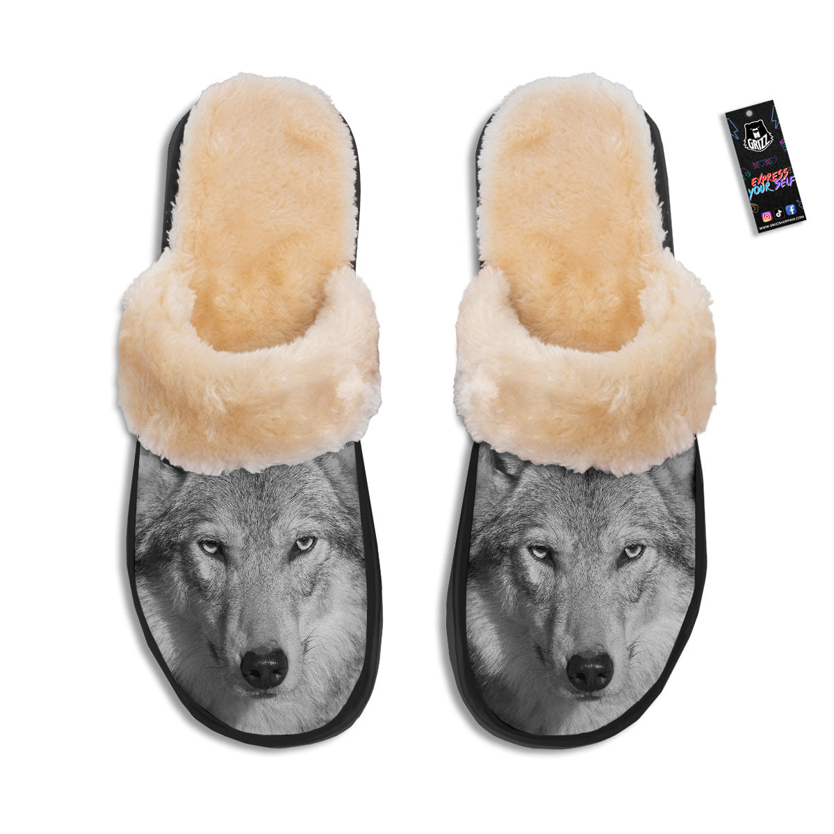 Wolf Monochrome Print Slippers-grizzshop