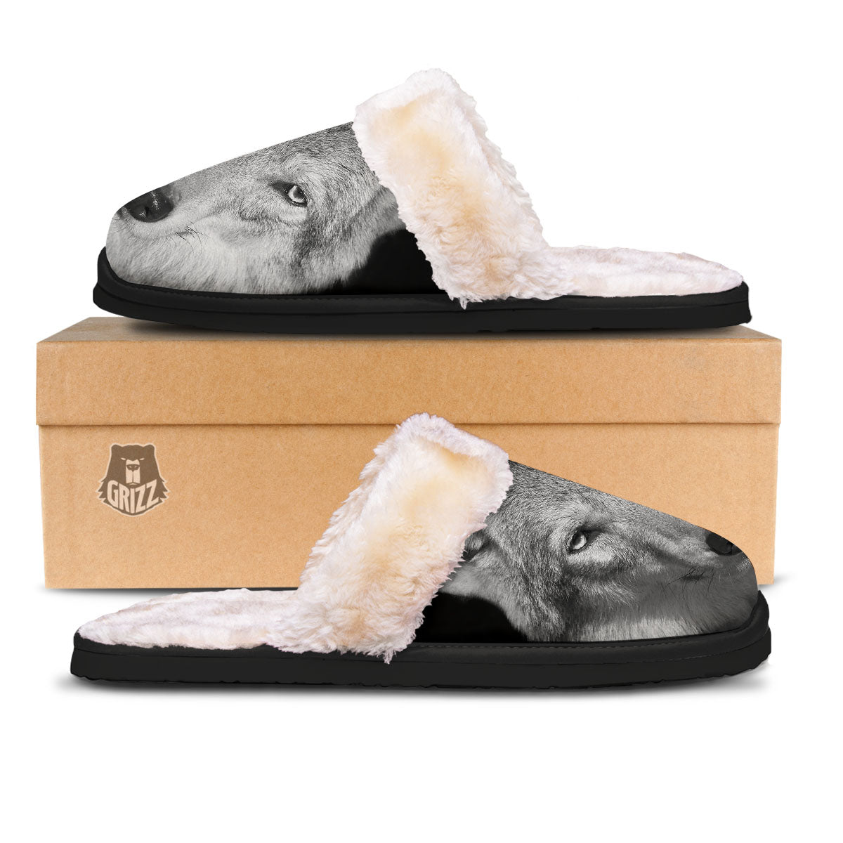 Wolf Monochrome Print Slippers-grizzshop