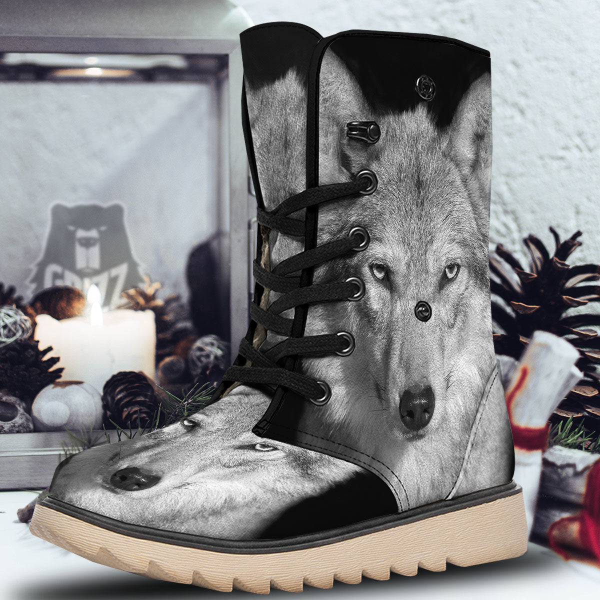Wolf Monochrome Print Snow Boots-grizzshop