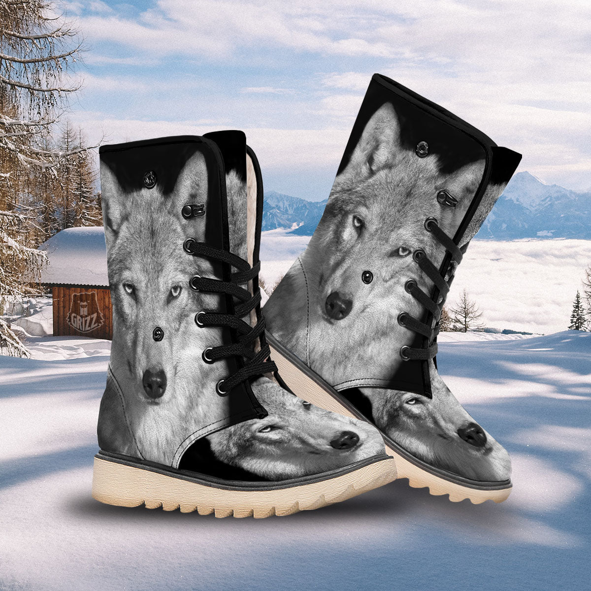 Wolf Monochrome Print Snow Boots-grizzshop