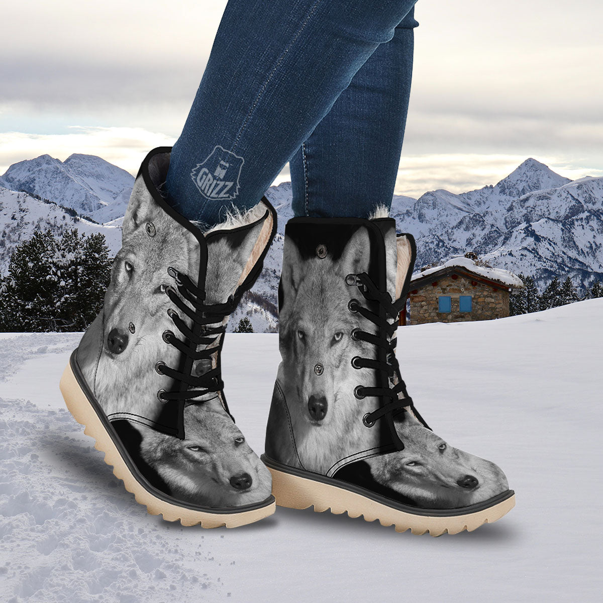 Wolf Monochrome Print Snow Boots-grizzshop