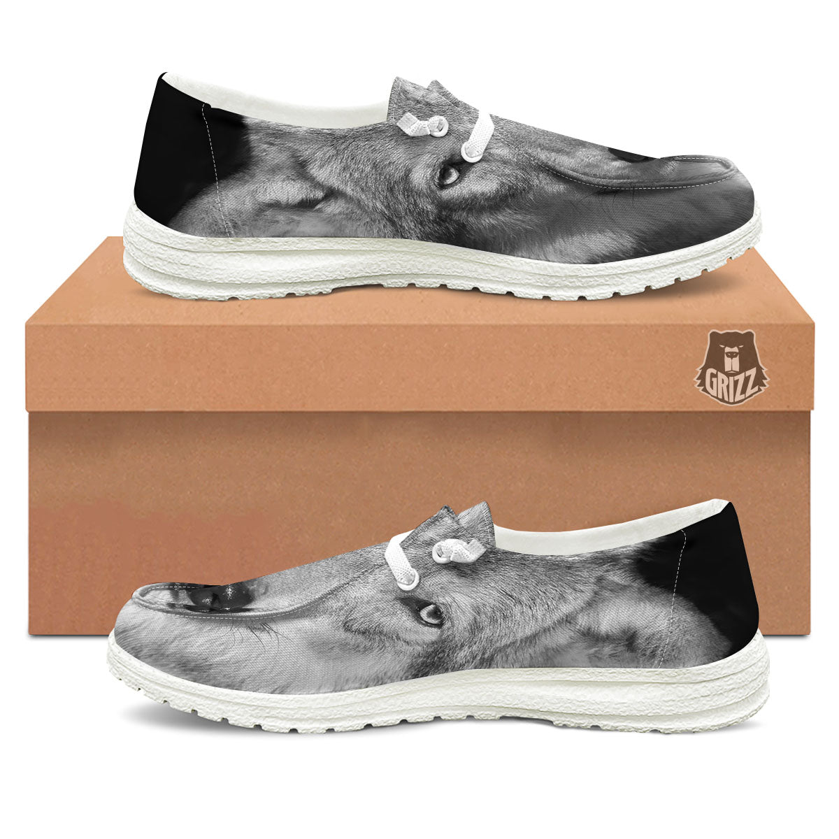 Wolf Monochrome Print White Loafers-grizzshop