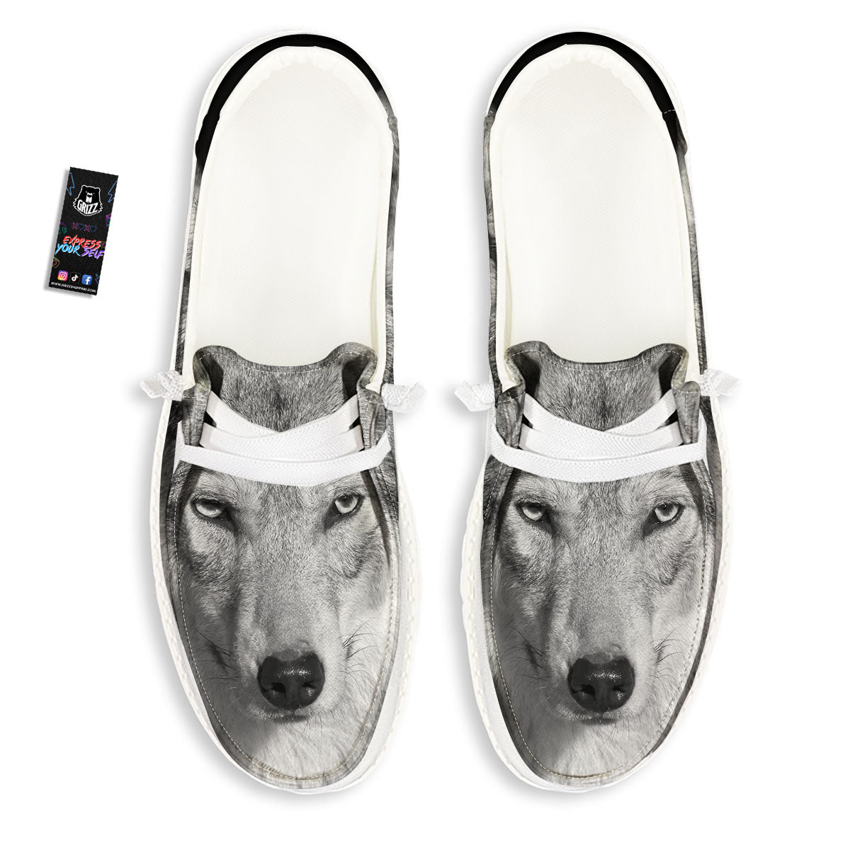 Wolf Monochrome Print White Loafers-grizzshop