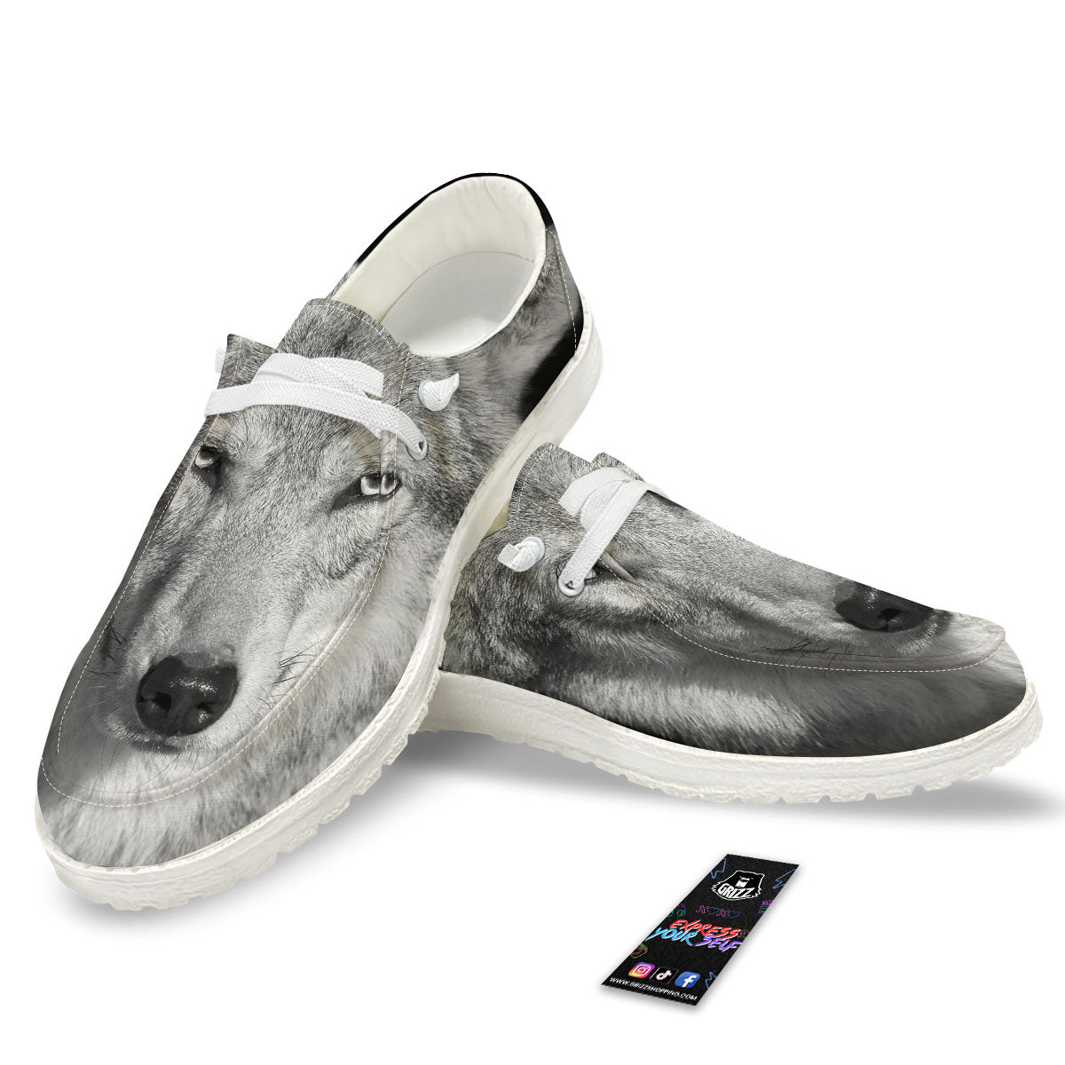 Wolf Monochrome Print White Loafers-grizzshop