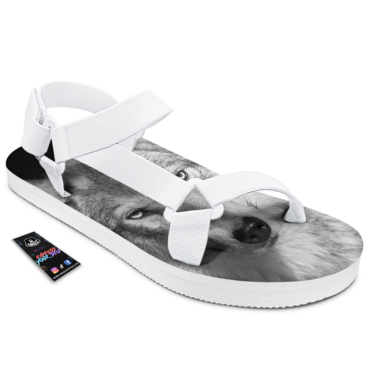 Wolf Monochrome Print White Open Toe Sandals-grizzshop
