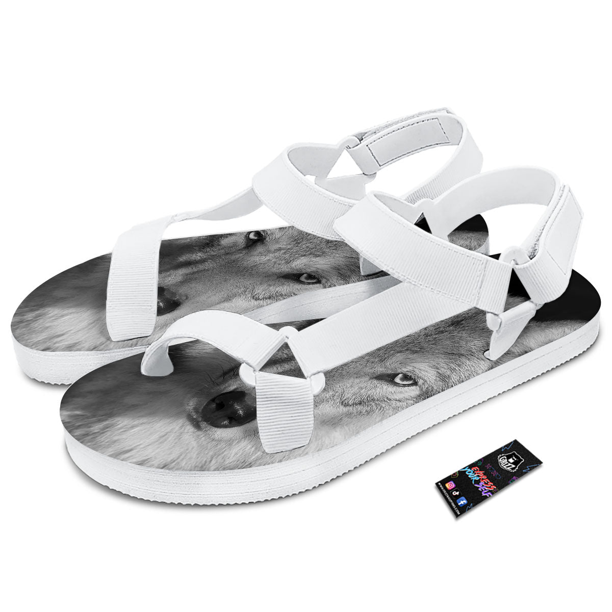 Wolf Monochrome Print White Open Toe Sandals-grizzshop