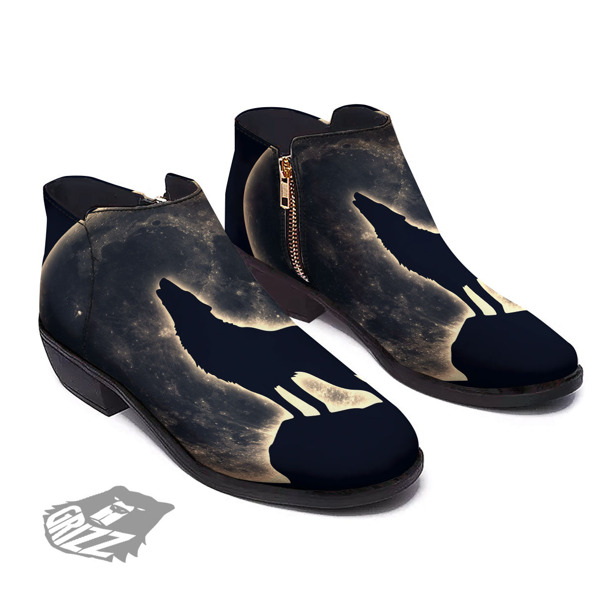 Wolf Moonlight Print Ankle Boots-grizzshop