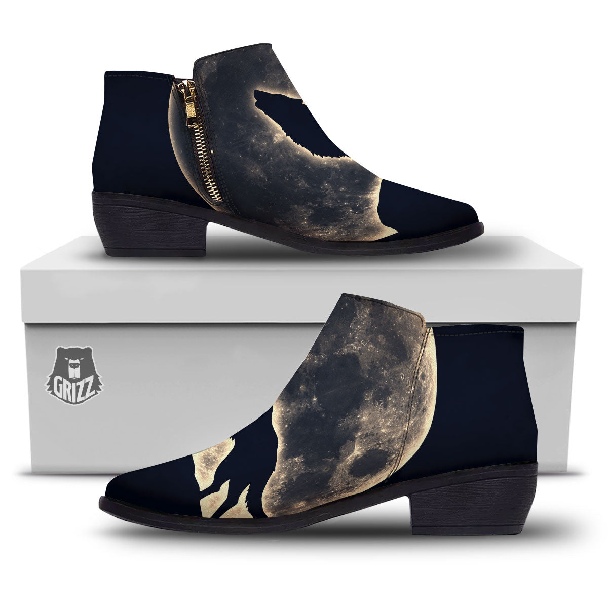 Wolf Moonlight Print Ankle Boots-grizzshop
