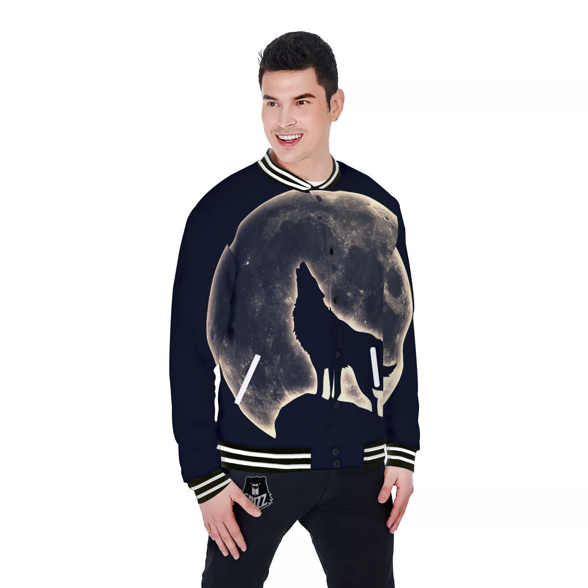 Wolf Moonlight Print Baseball Jacket-grizzshop