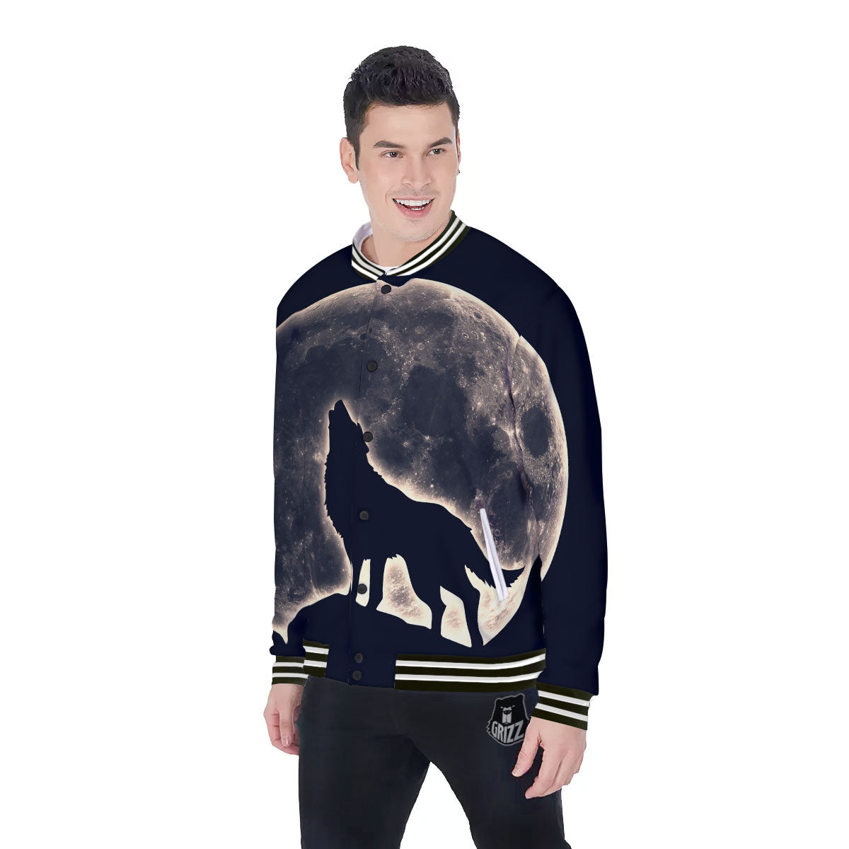 Wolf Moonlight Print Baseball Jacket-grizzshop