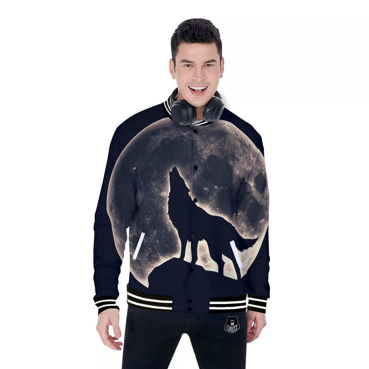 Wolf Moonlight Print Baseball Jacket-grizzshop
