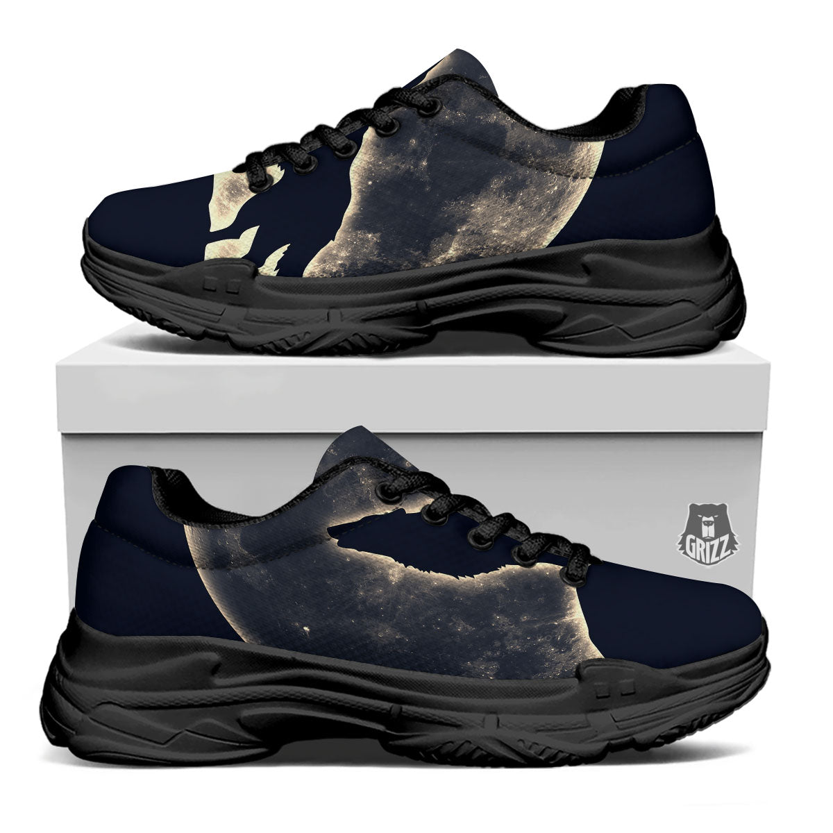 Wolf Moonlight Print Black Chunky Shoes-grizzshop