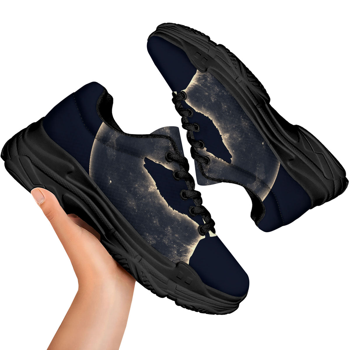 Wolf Moonlight Print Black Chunky Shoes-grizzshop