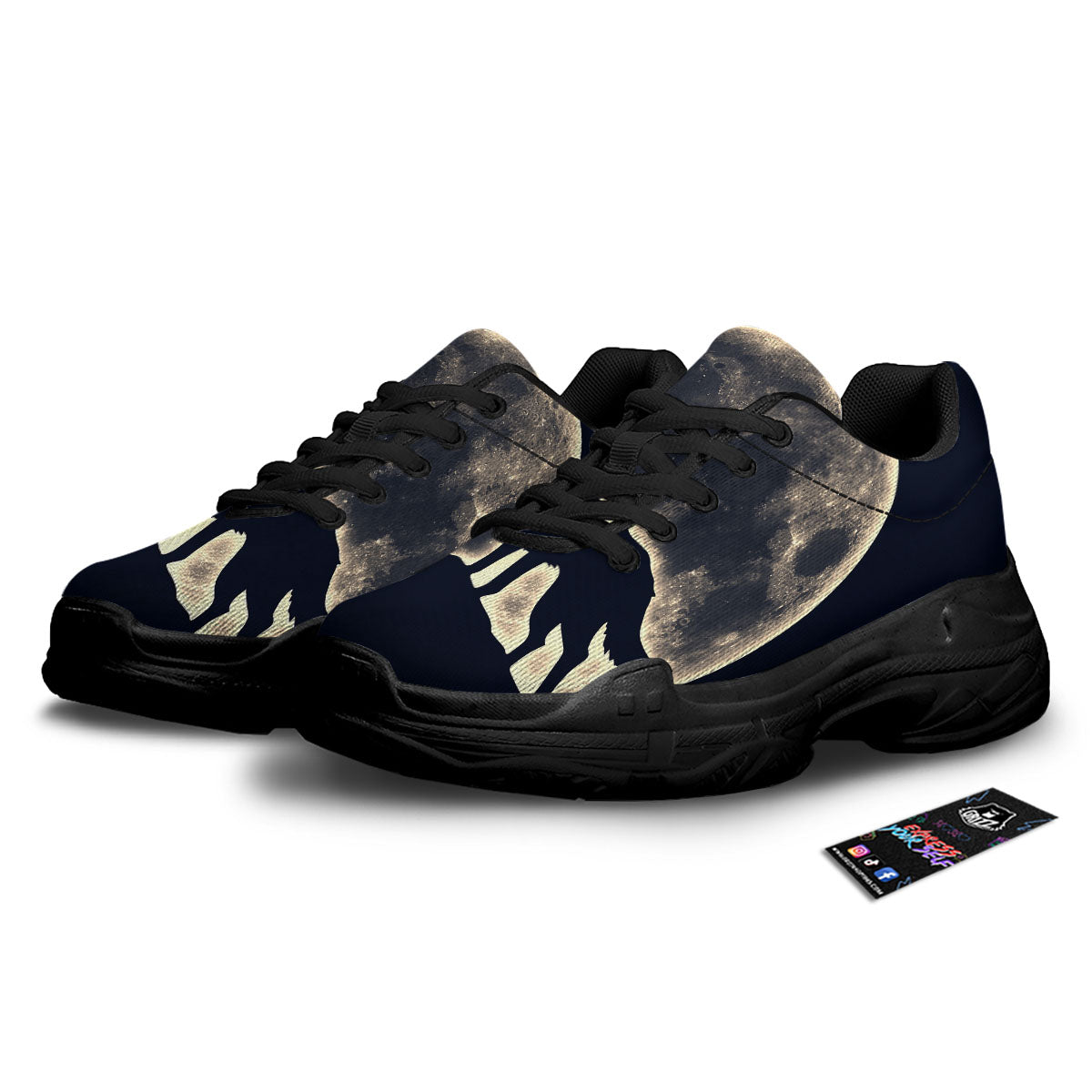 Wolf Moonlight Print Black Chunky Shoes-grizzshop